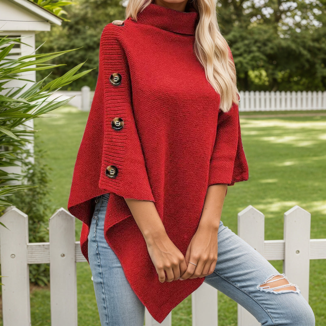 Ladies elegant poncho with high collar and decorative buttons Lune London