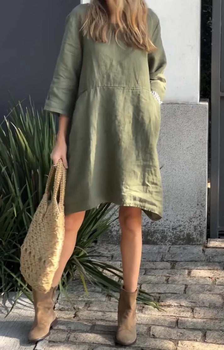Casual linen dress for women with practical pockets and asymmetrical hem Lune London