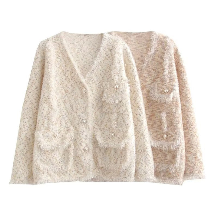 Women's fashion chunky knit cardigan with decorative V-neck and practical pockets Lune London