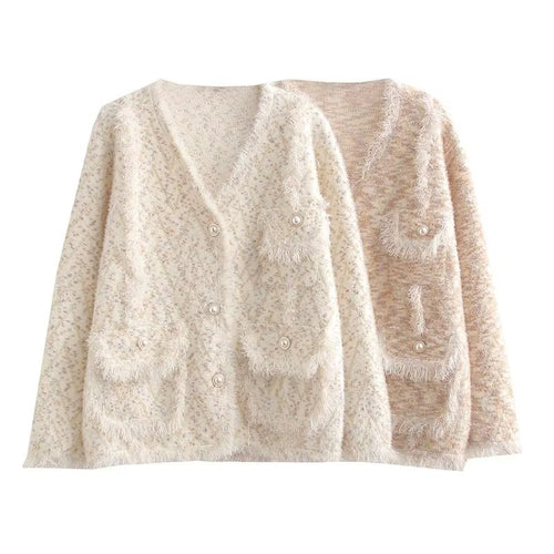 Women's fashion chunky knit cardigan with decorative V-neck and practical pockets Lune London