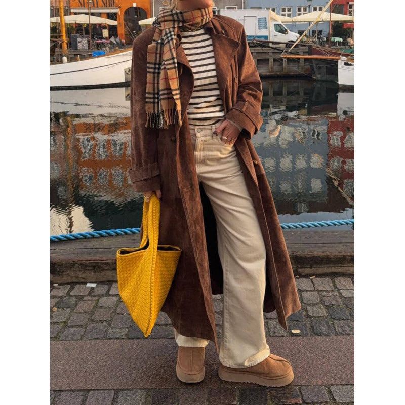 Elegant long coat for women in high-quality suede Lune London