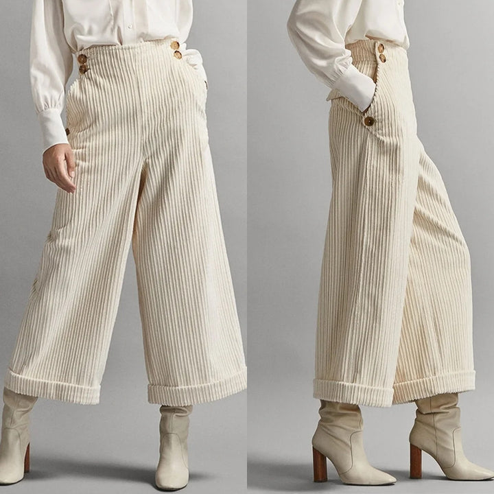 Pantalon large en velours côtelé pour femmes avec boutons décoratifs Chic & Stil