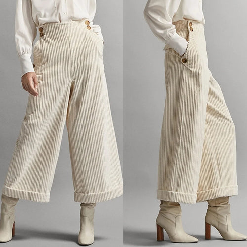 Pantalon large en velours côtelé pour femmes avec boutons décoratifs Chic & Stil