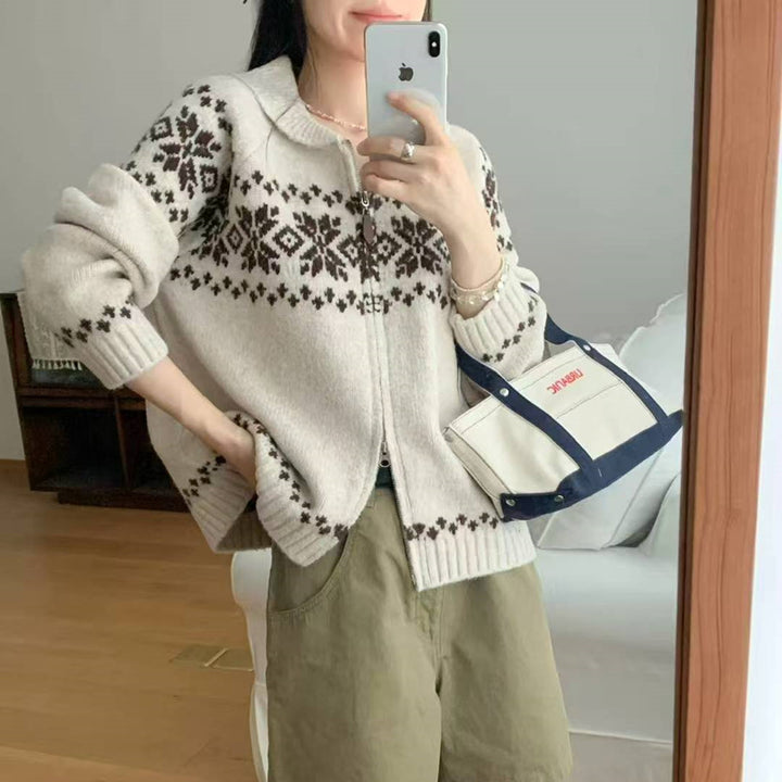 Ladies' cardigan with a modern Norwegian pattern and a high collar Lune London