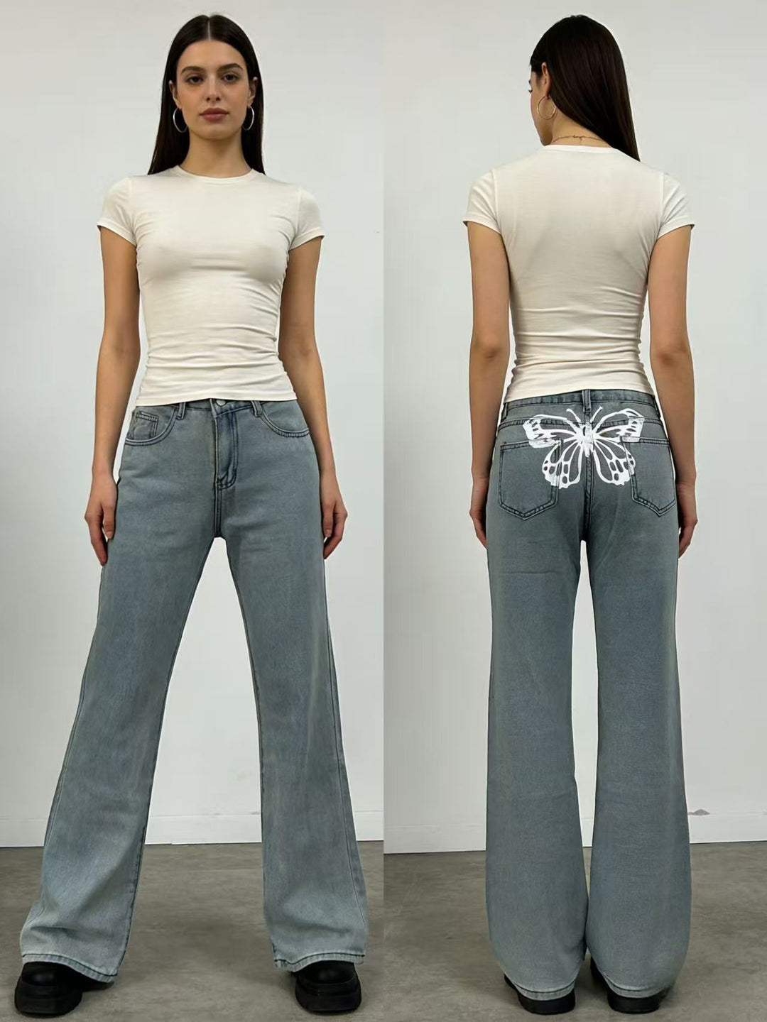Women's Wide Jeans with Artistic Butterfly Design Lune London