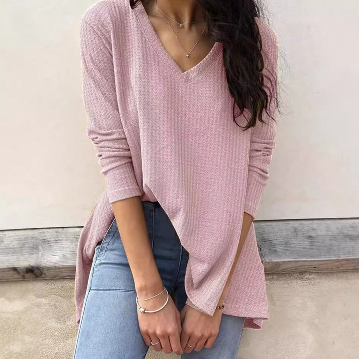 T-shirt à manches longues pour femmes avec décolleté en V et ourlet asymétrique Chic & Stil