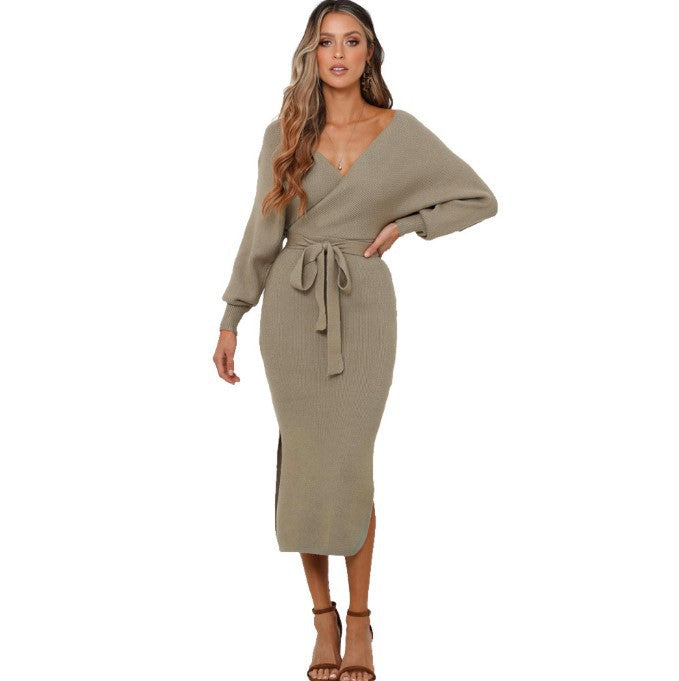 Knit dress for women with wrap effect and side slit Lune London
