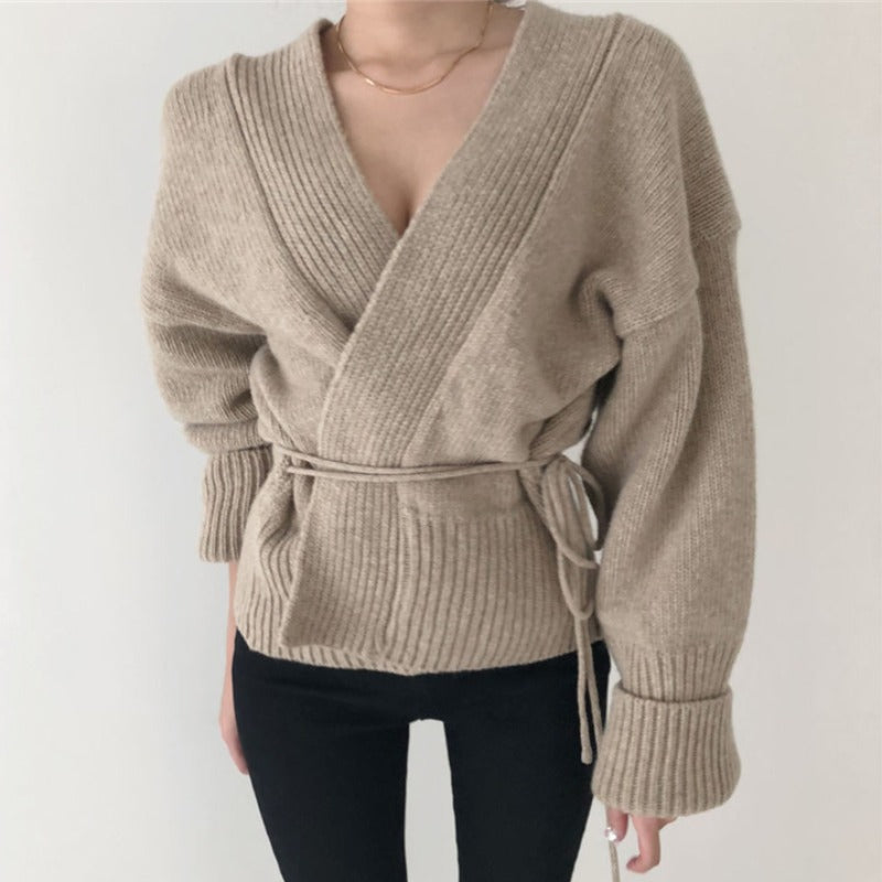 Women's Knit Tie Jacket with Belt and Stand Collar Lune London