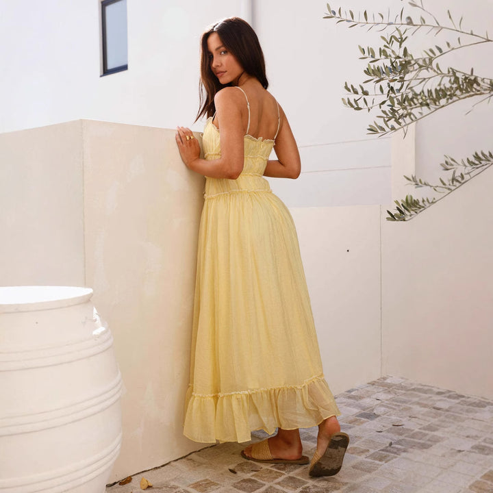 Chic & Stil Women’s Flowing Maxi Dress with Ruffle Details and Adjustable Ties
