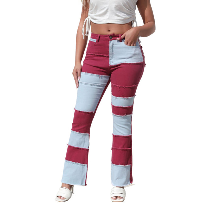 Women's bootcut jeans with a modern patchwork design and casual fringes Lune London