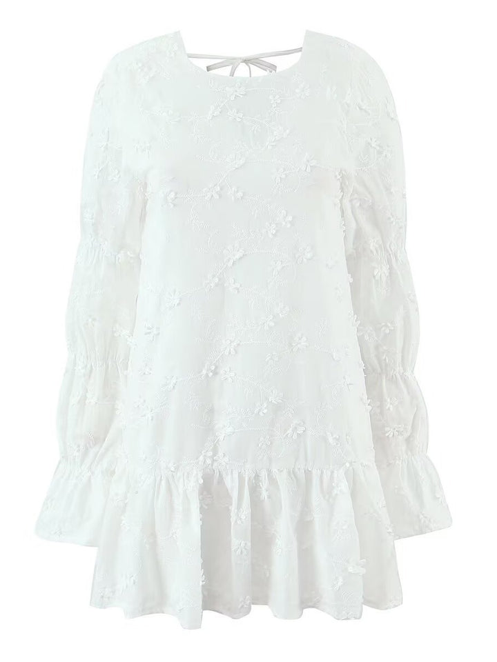 Airy tunic dress for women with floral embroidery and lace hem Lune London
