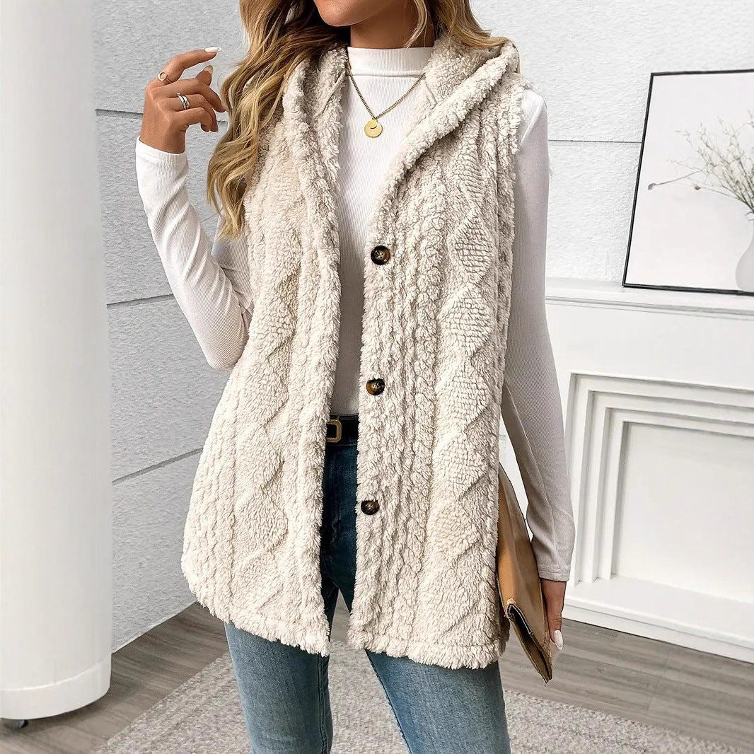 Ladies cozy knit vest with hood and button closure Lune London
