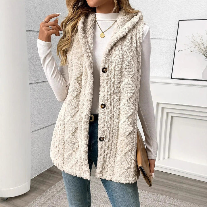 Ladies cozy knit vest with hood and button closure Lune London