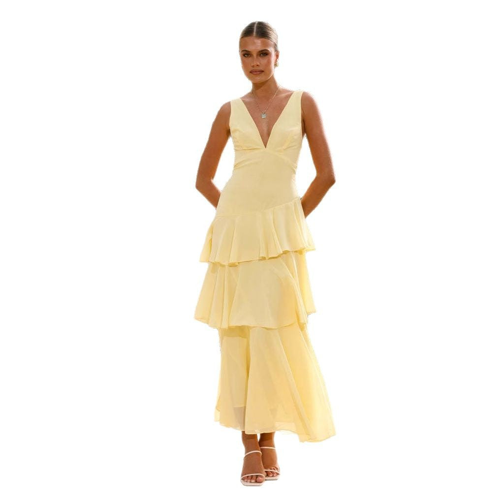 Maxi dress for women with asymmetrical ruffles and elegant V neck Chic & Stil