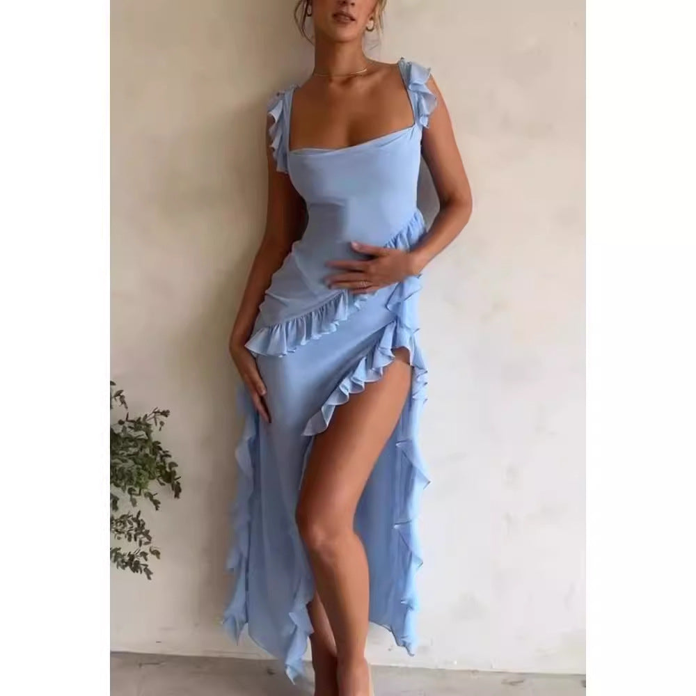 Women Elegant Maxi Dress with Ruffle Layers and Deep V-Neck Lune London