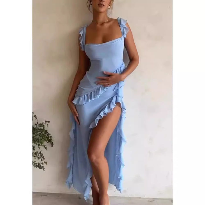 Women Elegant Maxi Dress with Ruffle Layers and Deep V-Neck Lune London