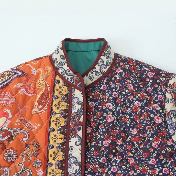 Lady quilted patchwork jacket with practical pockets and colorful pattern Lune London