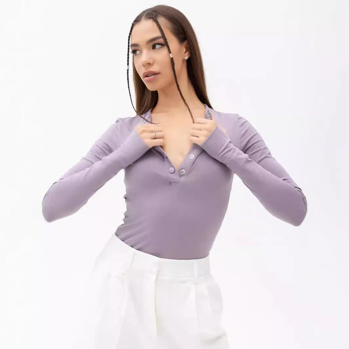 Women Long Sleeve Top with Button Placket and Fitted Cut Lune London