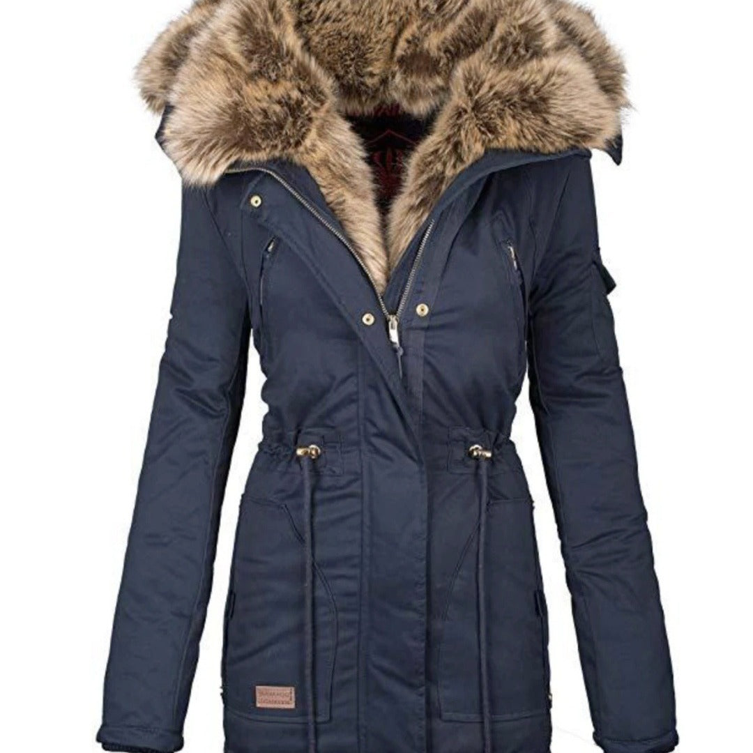 Parka women lined with removable faux fur collar and practical zippered pockets Lune London