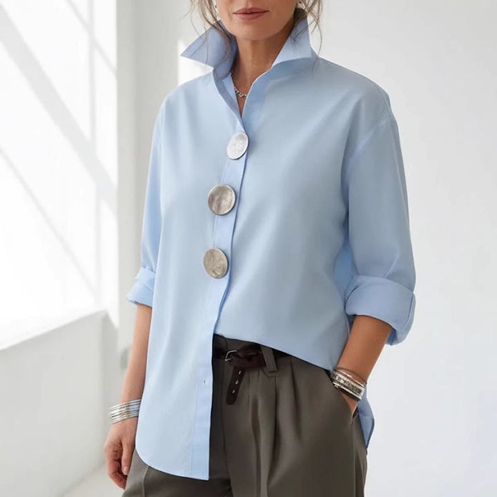 Women's stylish shirt with large button details and a chic standing collar Lune London