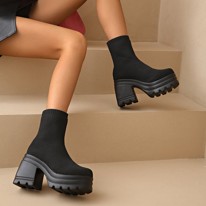 Chunky high heel boots for women with flexible knit design Lune London