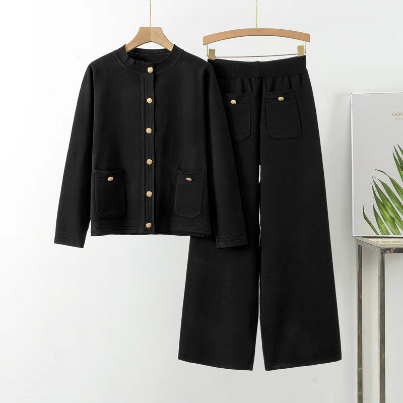 Comfortable knitted loungewear set for women with button details and patch pockets Lune London