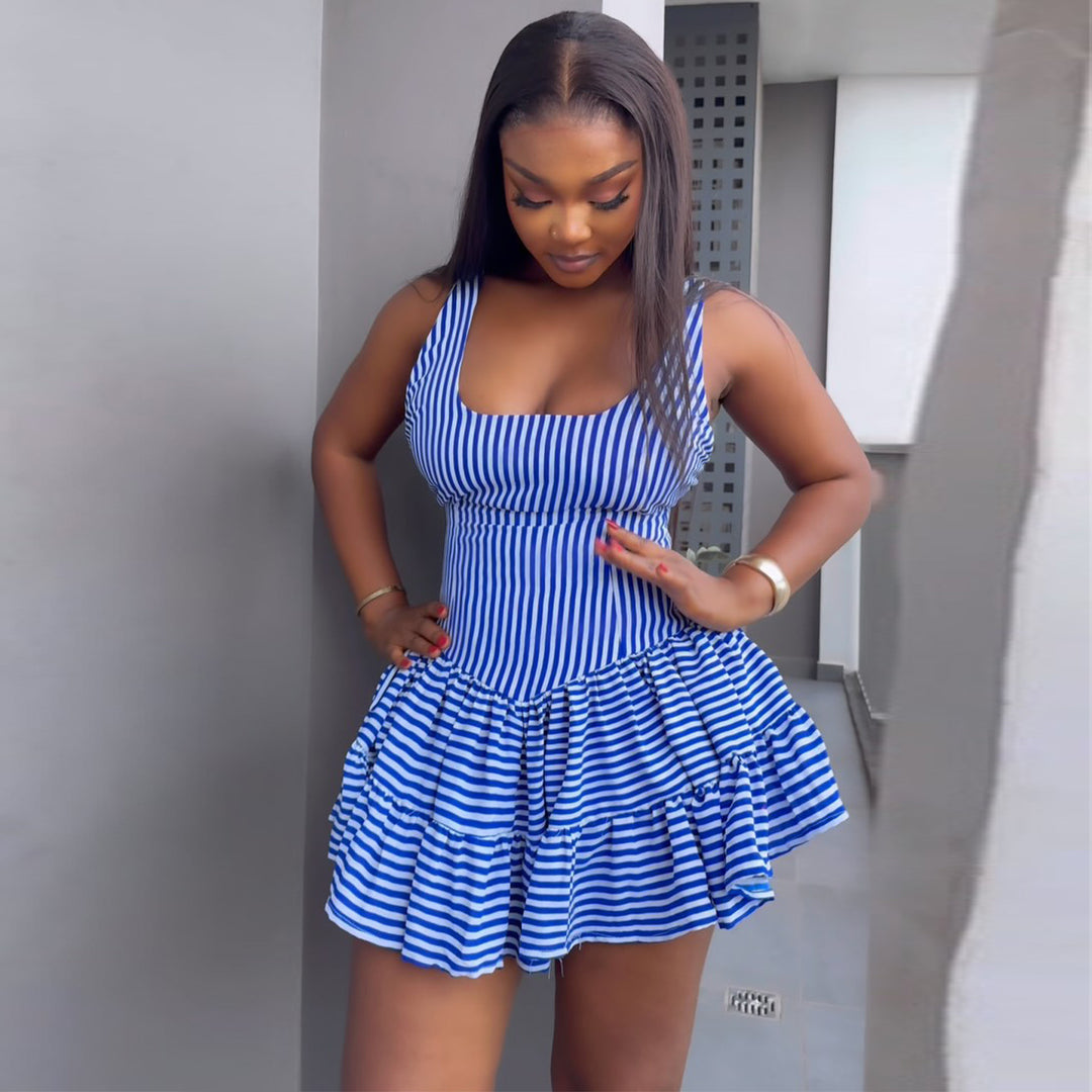 Women's short dress with casual ruffle and striped design