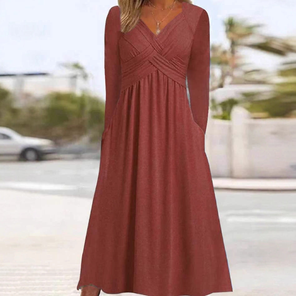 Ladies Elegant Maxi Dress with Draped Effect and Chic Pockets