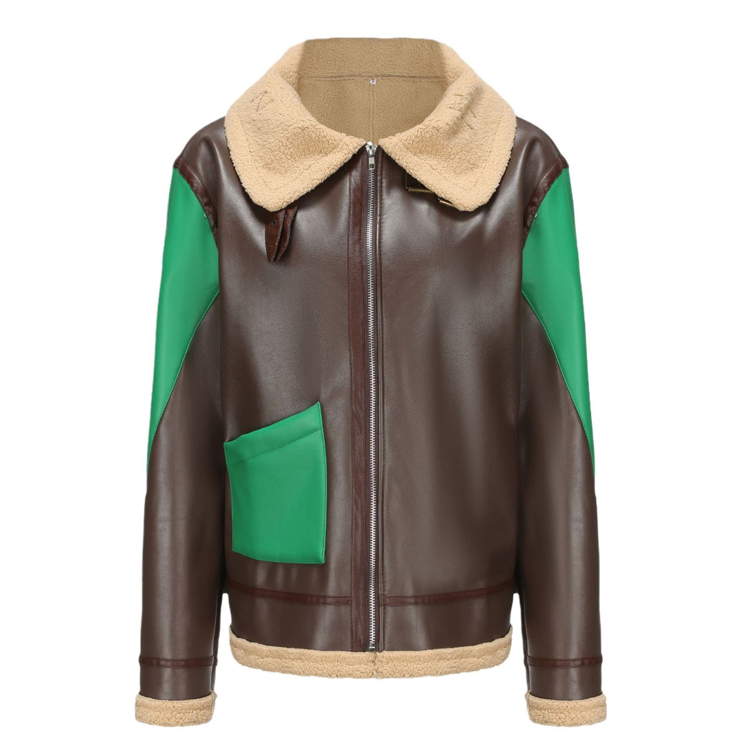 Trendy faux leather jacket for women with fur collar and contrasting details Lune London