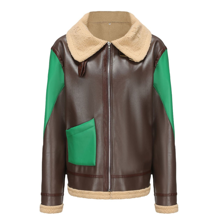 Trendy faux leather jacket for women with fur collar and contrasting details Lune London