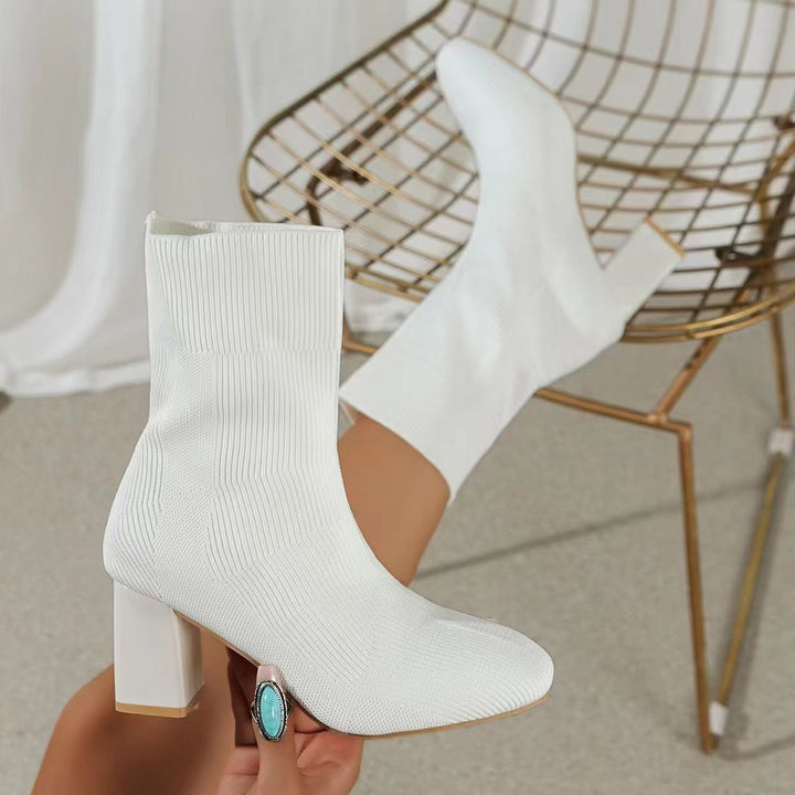 Knit ankle boots for women with transparent block heel and elastic shaft Lune London