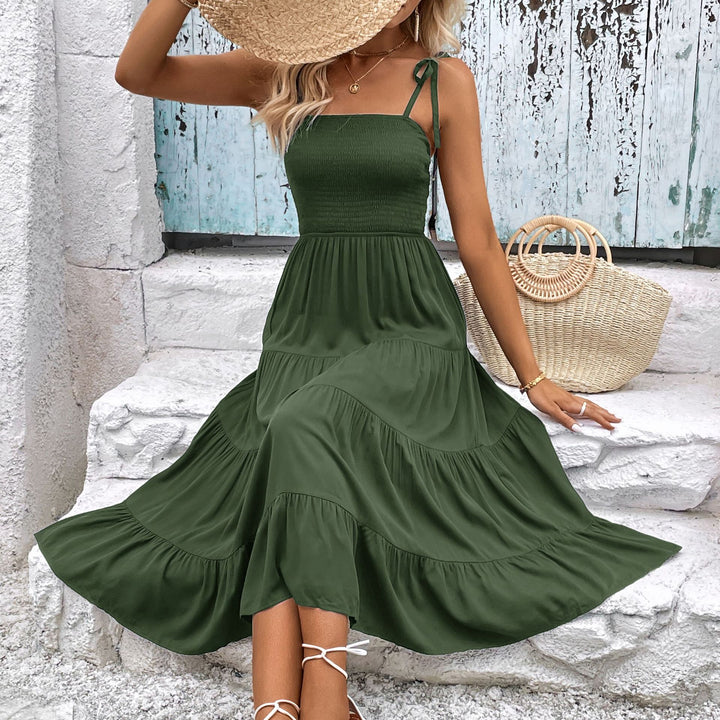 Elegant midi dress with ruffles for women with adjustable straps Lune London