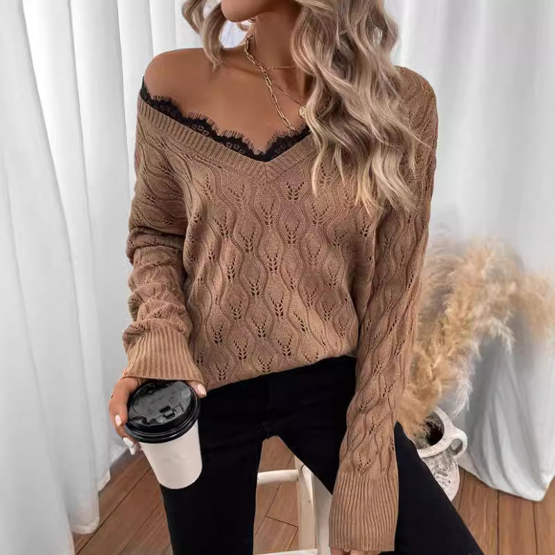 Knit sweater for women with elegant V-neck and fine lace structure Lune London