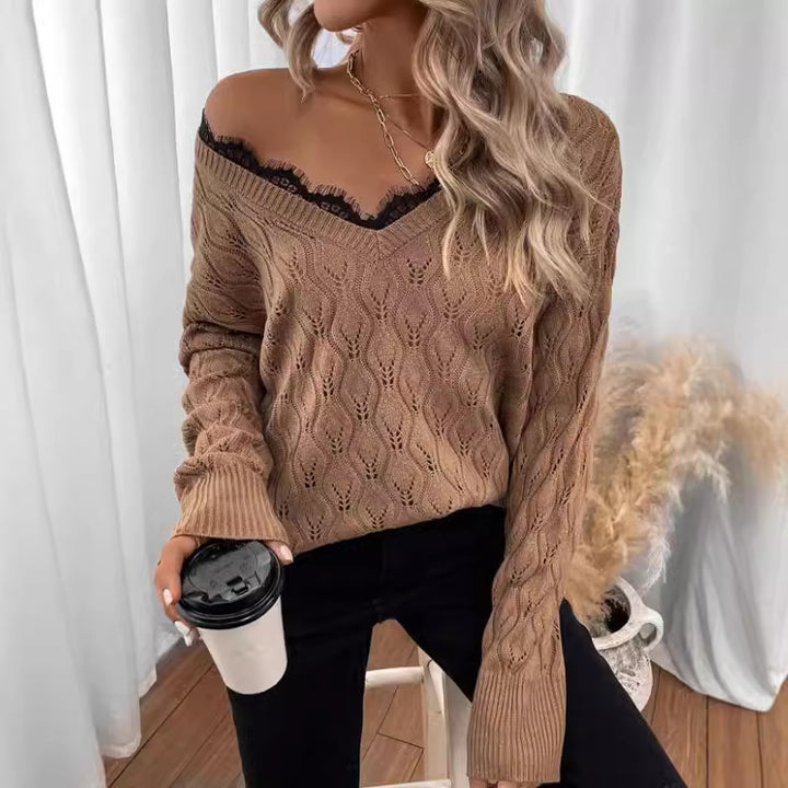 Knit sweater for women with elegant V-neck and fine lace structure Lune London