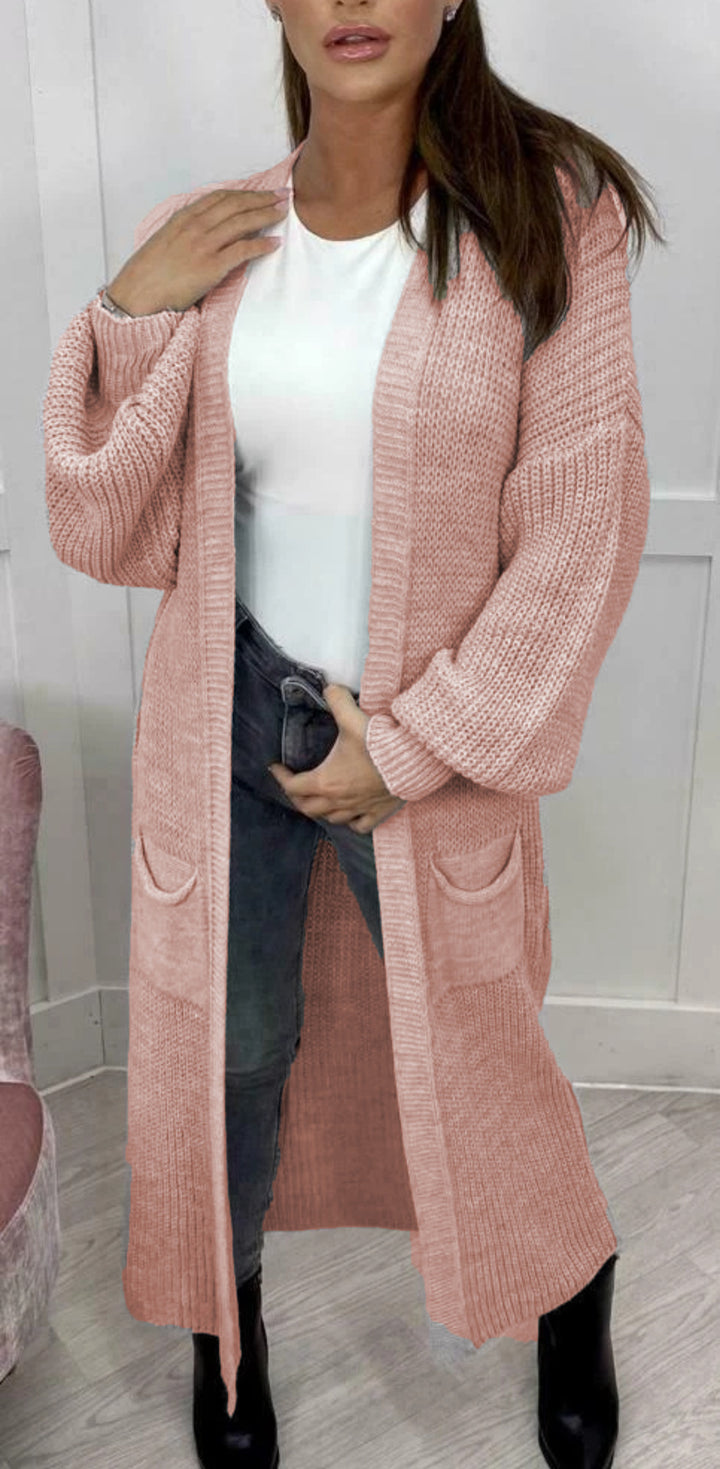 Ladies Long knitted cardigan with a textured knit look and practical pockets Lune London