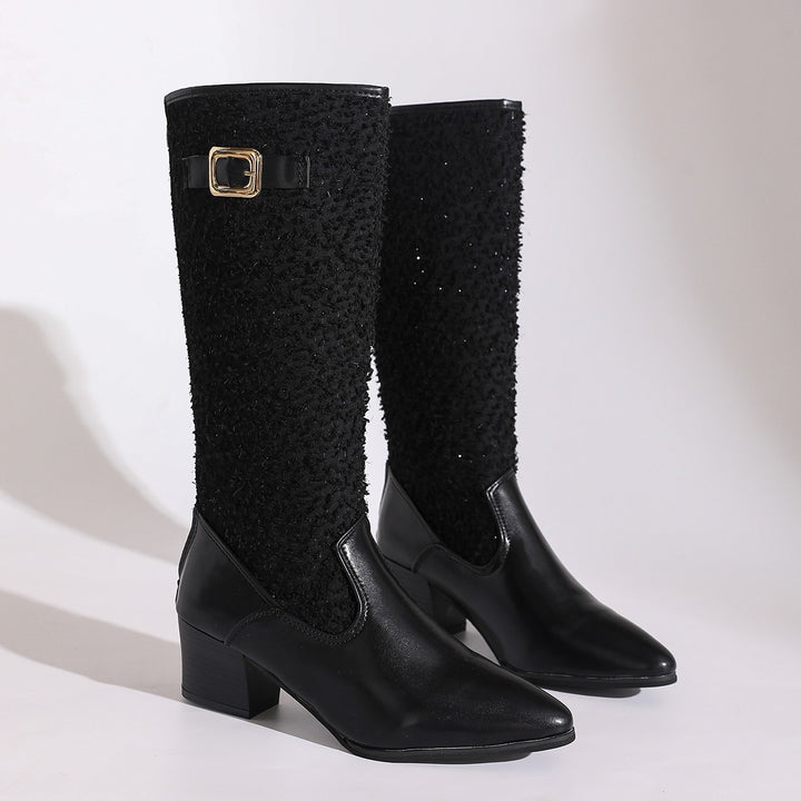 Fashion over-the-knee boots for women with an elegant knit pattern and blocked comfort.