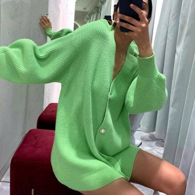 Women oversized cardigan with deep V-neck and elegant buttons Lune London