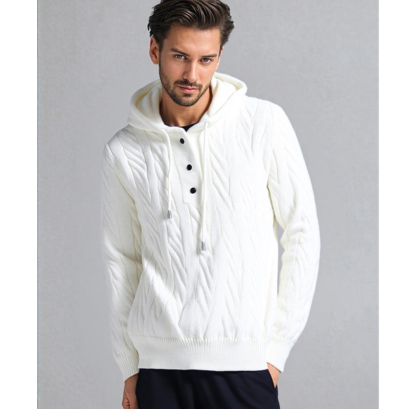 Men's stylish knitted sweater with hood and button details Lune London