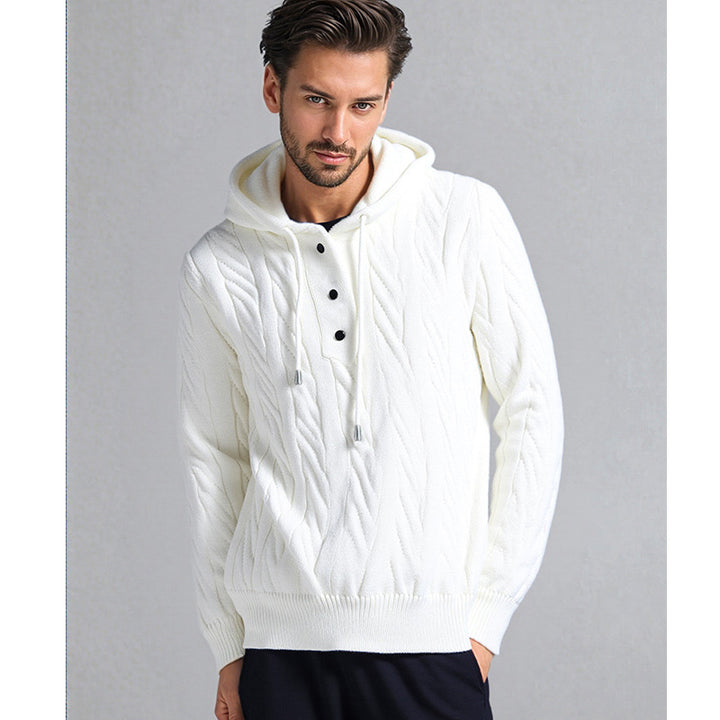 Men's stylish knitted sweater with hood and button details Lune London