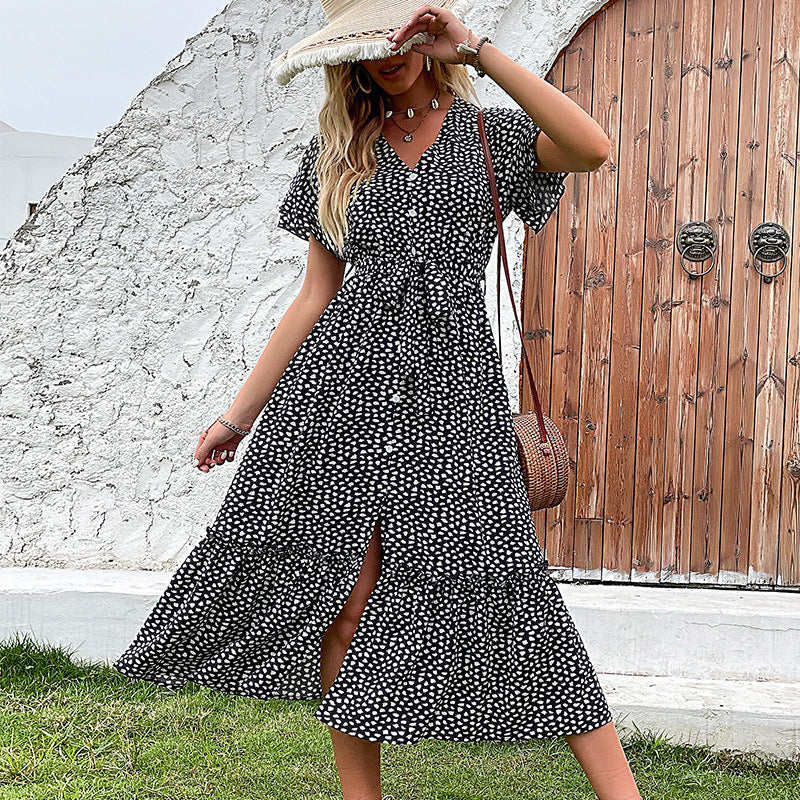 Lune London elegant polka dot maxi dress for women with adjustable waist tie
