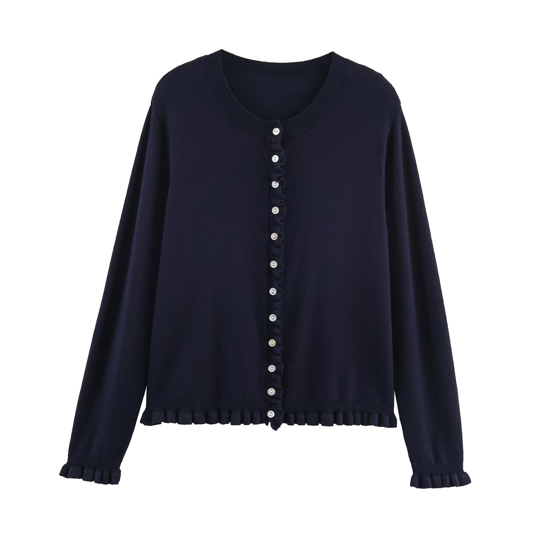 Striped knit jacket for women with ruffle details and button closure Lune London