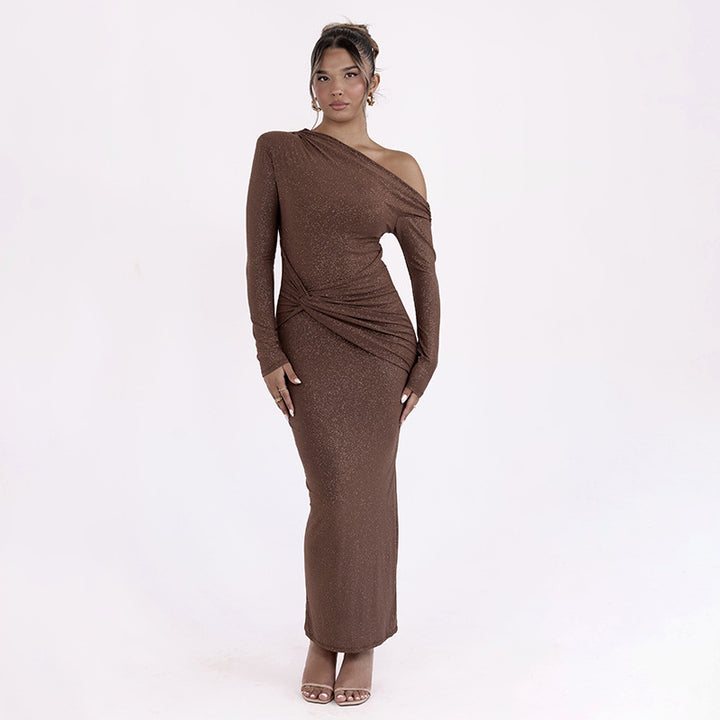 Elegant maxi dress for women with asymmetrical top and draping Lune London