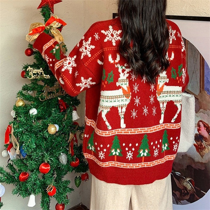 Festive sweater for women with 3D reindeer pattern and high collar Lune London
