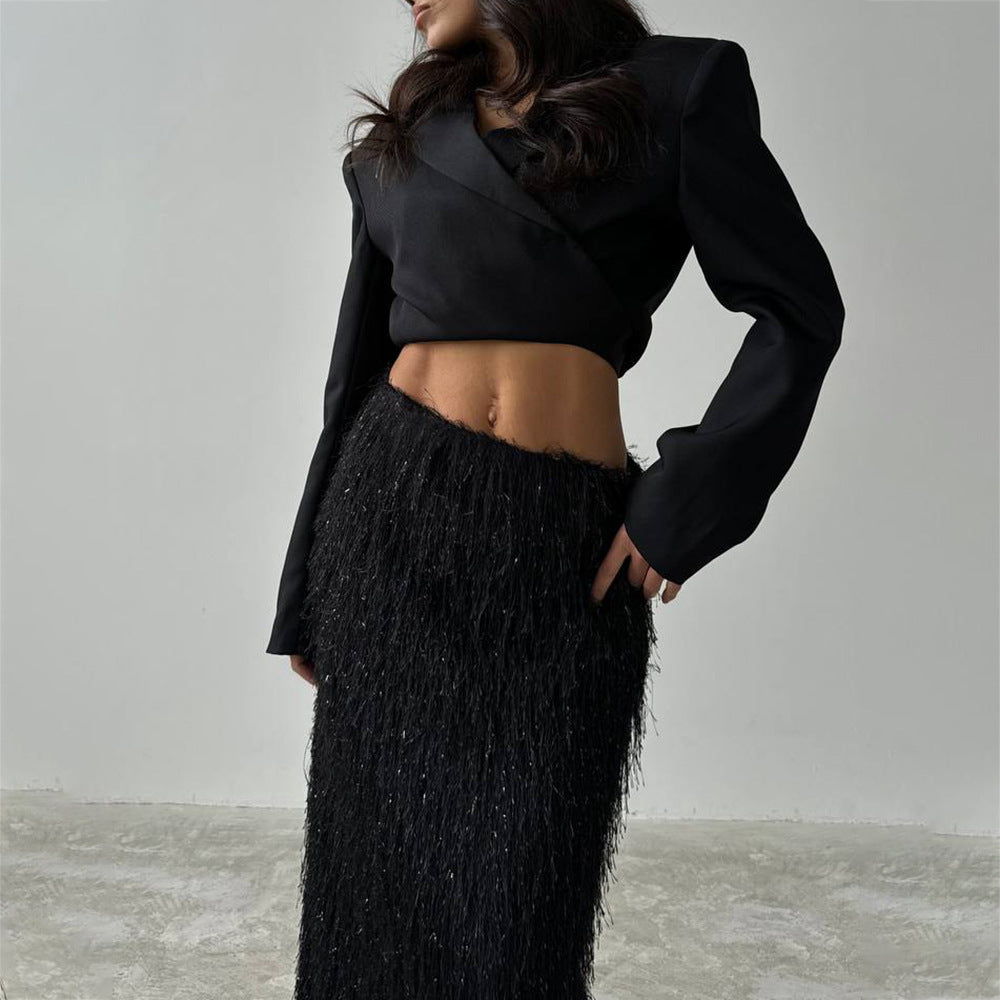 Elegant women's wrap top and maxi skirt with sparkling accents Lune London