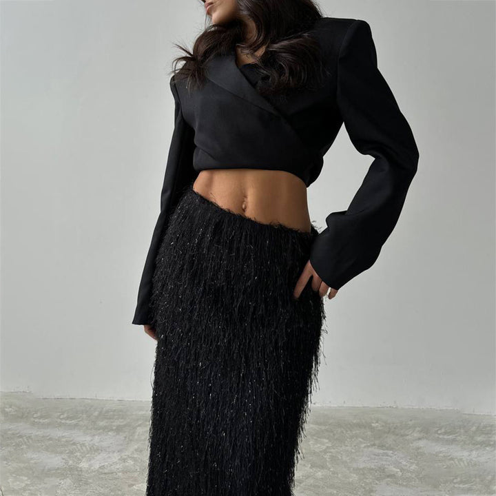 Elegant women's wrap top and maxi skirt with sparkling accents Lune London