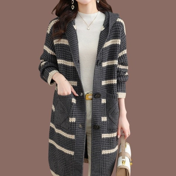 Ladies long cardigan with hood and striped pattern Lune London
