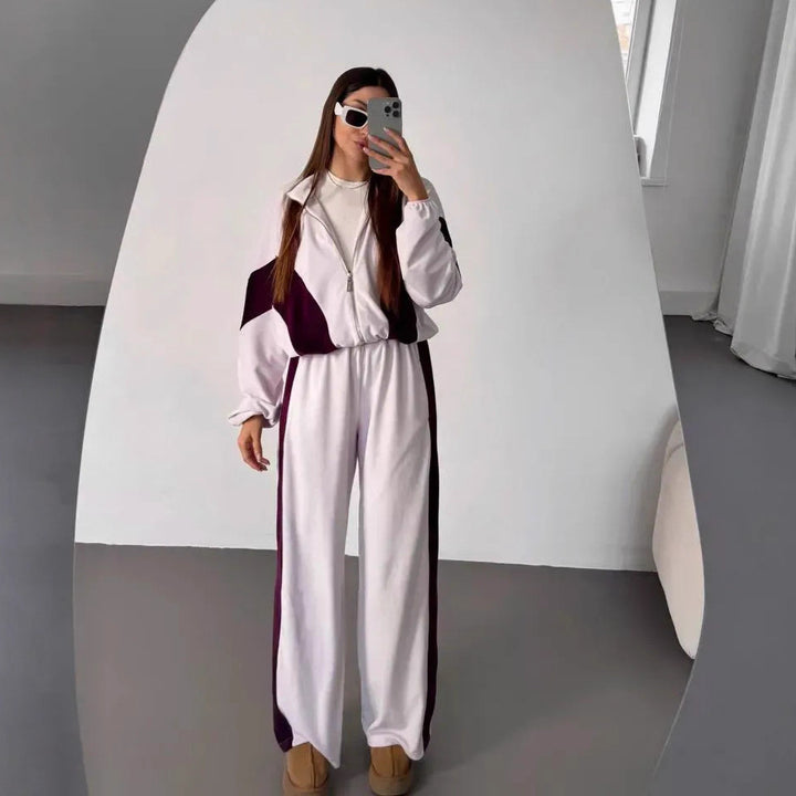 Women's Sport Velvet Jogging Set with Zip and Side Stripes Lune London