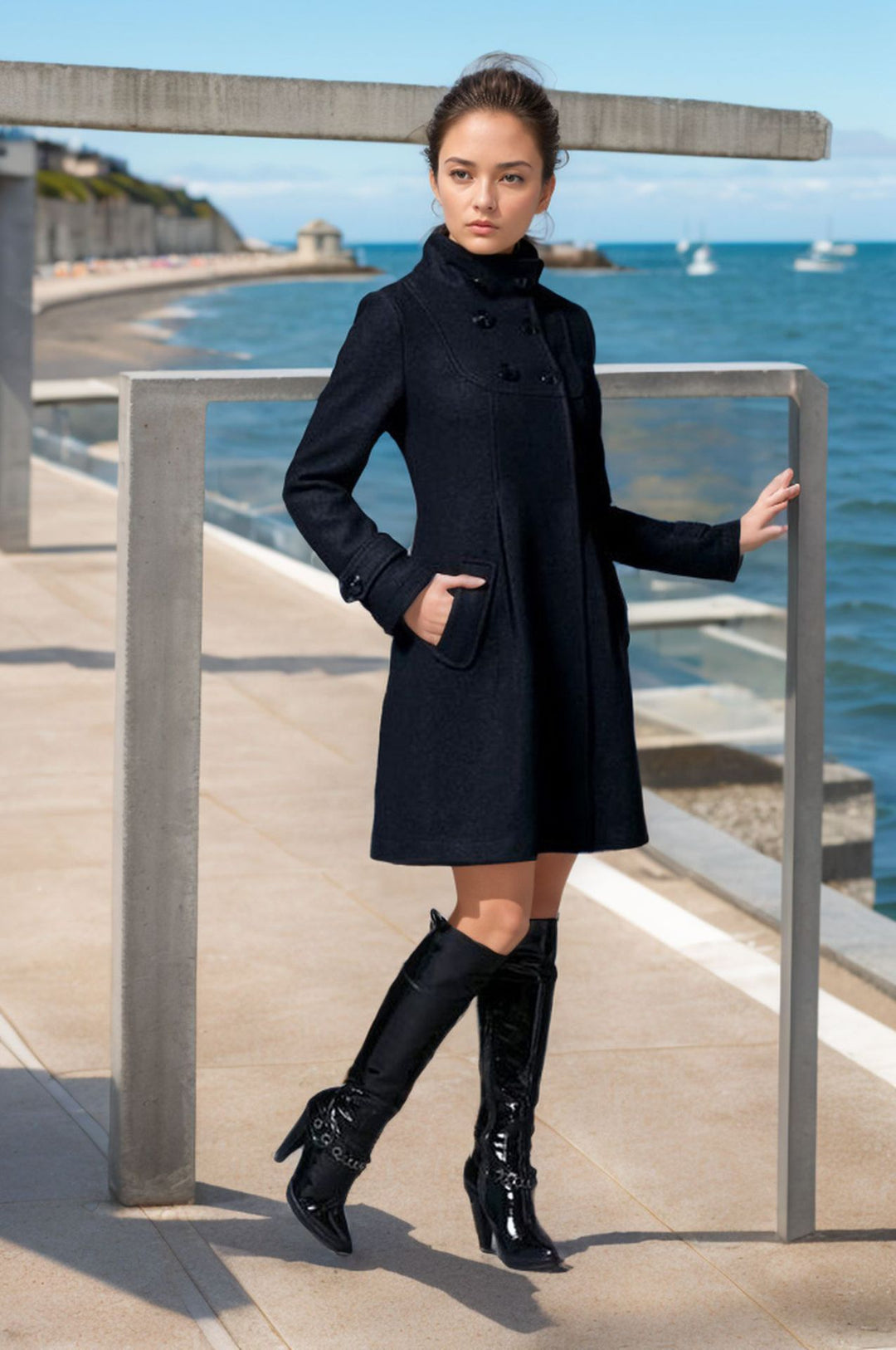 Elegant coat for women with high collar and functional pockets Lune London
