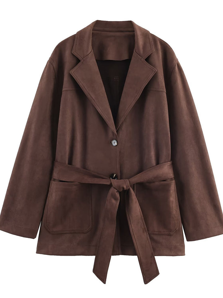Lune London women's elegant blazer jacket in faux leather with belt at the waist