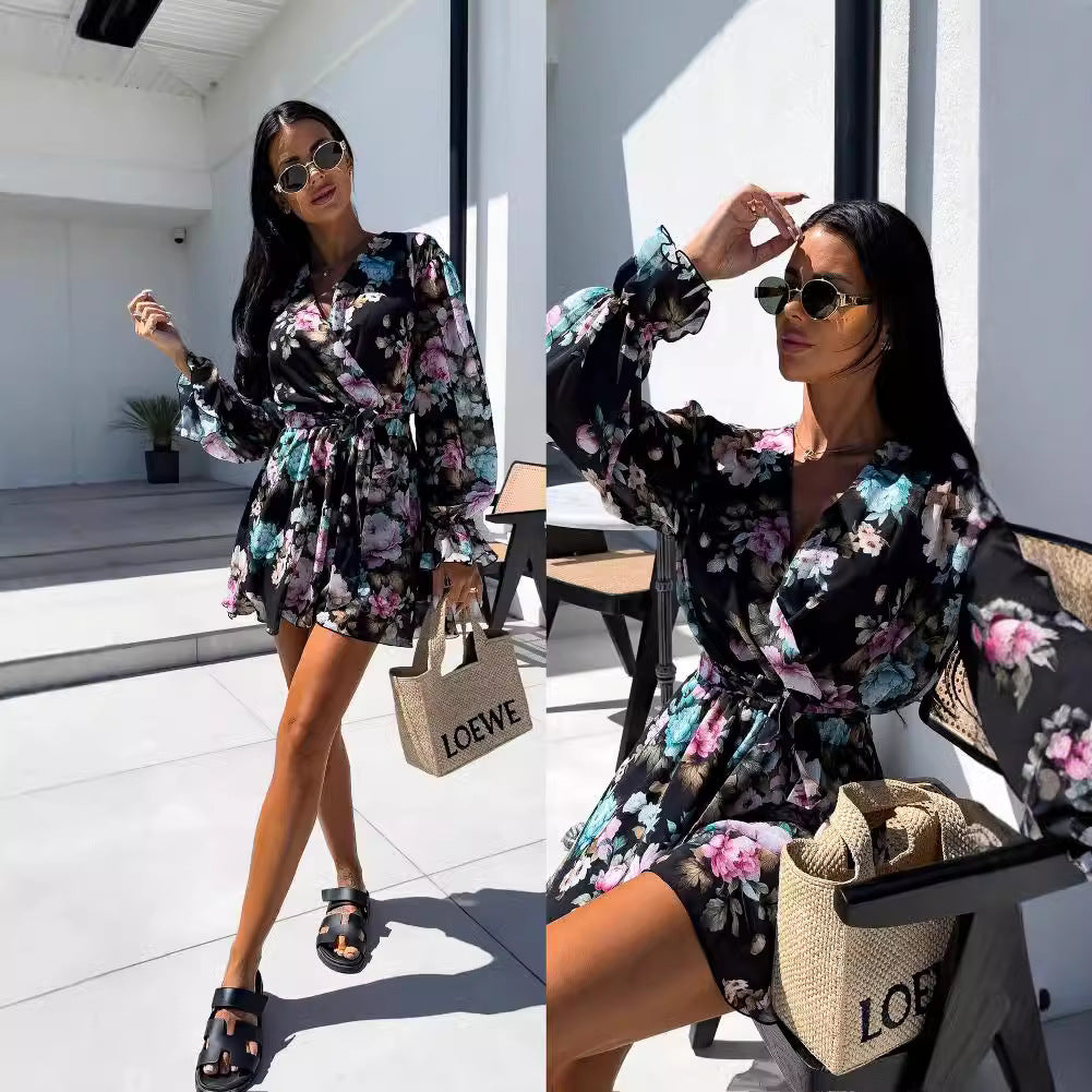 Floral print wrap dress for women with tied sleeves Lune London